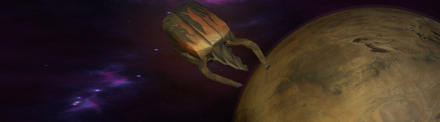 The Stellar Swing mining drone flying past a planet